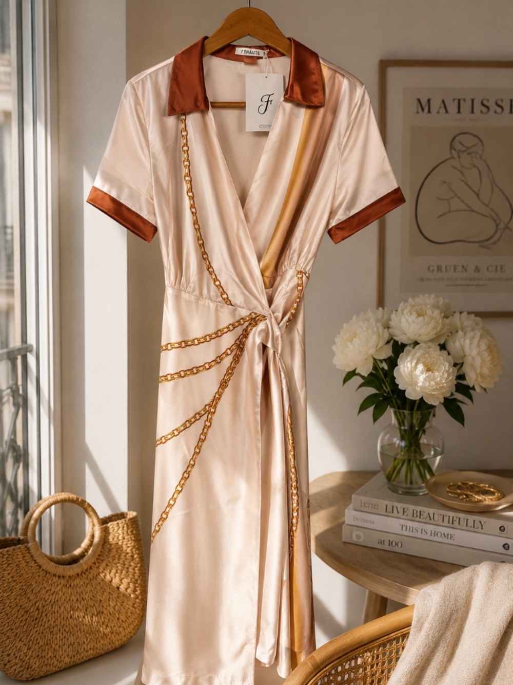 NWT Satin Chain Print Wrap Midi Dress | Resort Luxe Neutral Dress